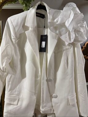 Fashion Nova White Satin Blazer with Statement Floral Accent